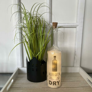 Glasflasche mit Spruch "ALLER GUTEN DINGE SIND DRY" mit 5erLED-Beleuchtung (Batteriefach)